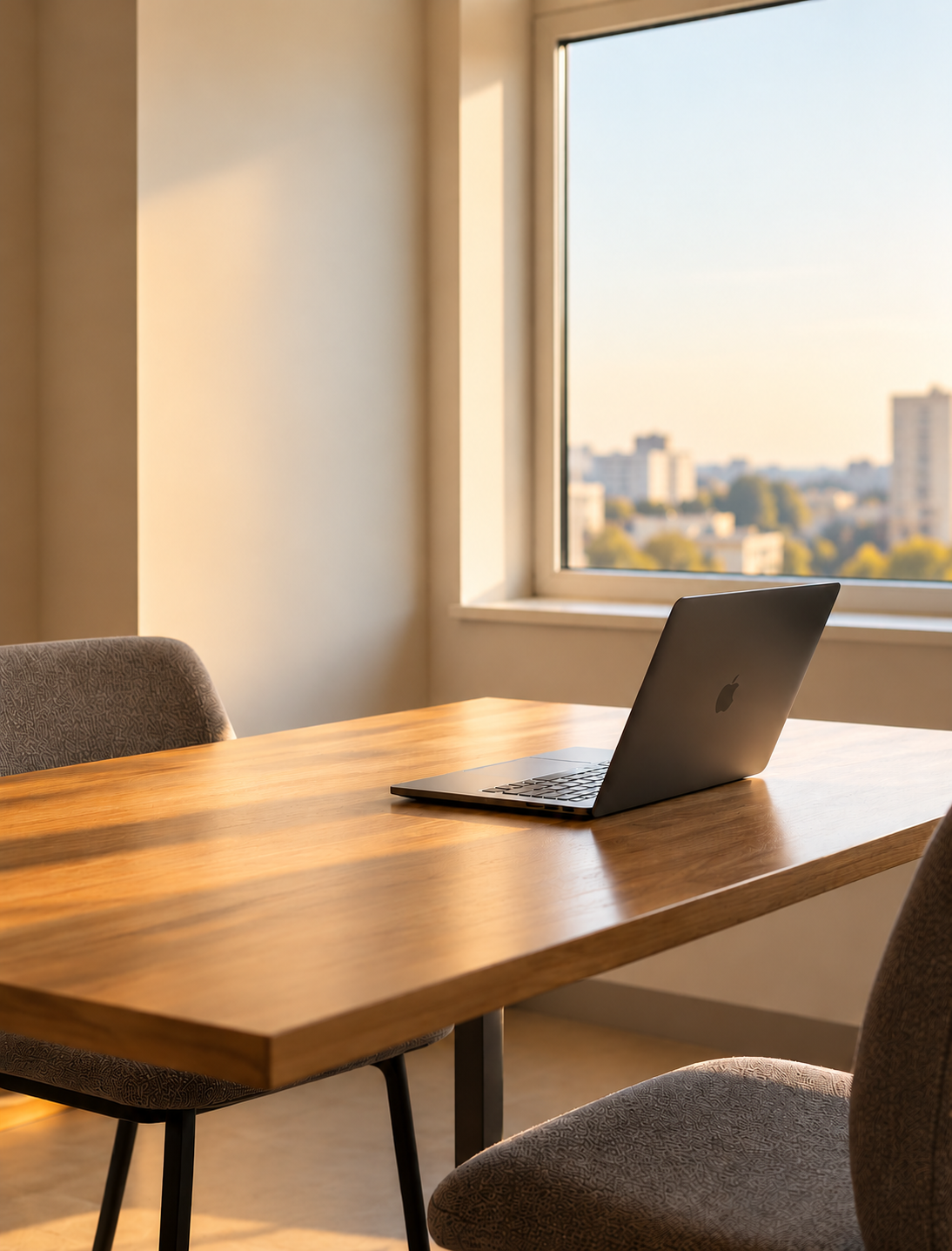 Warm private workspace with an open laptop near a window